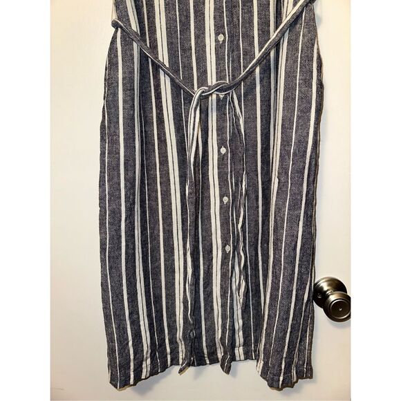 Banana Republic Blue White Stripe Linen Midi Collared Belted Dress 10 EUC - Picture 2 of 9